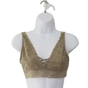 SET Forever 21 Ribbed Cropped Tank Top w/Knot AND Ambiance Lace Bralette Olive